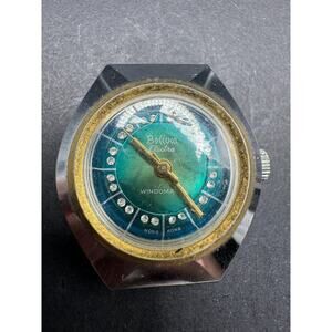 Vintage Bolivia Electra Watch Women’s Windomatic Silver Tone Diamonds Green Dial